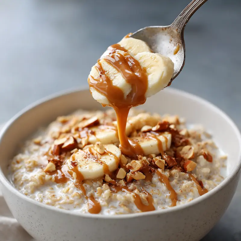 Spoon lifting creamy microwave protein oatmeal with a peanut butter drizzle.