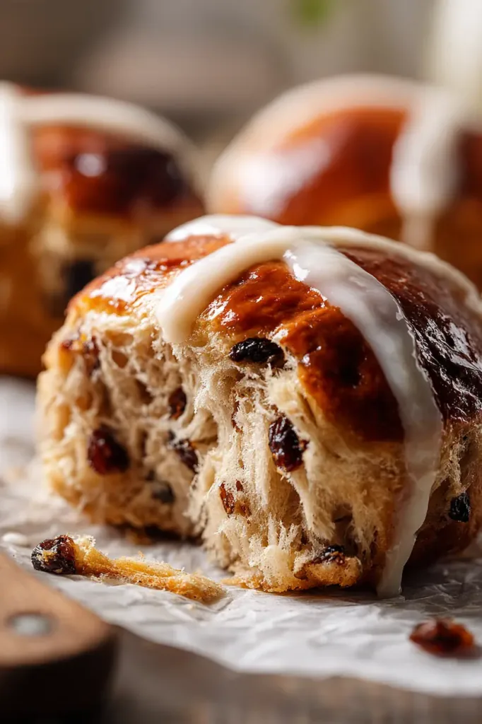 Easy Hot Cross Buns (Soft, Fluffy, No-Fuss Recipe) 3 Stack of warm hot cross buns on parchment paper with a shiny glaze and visible crosses, perfect for Easter baking inspiration.