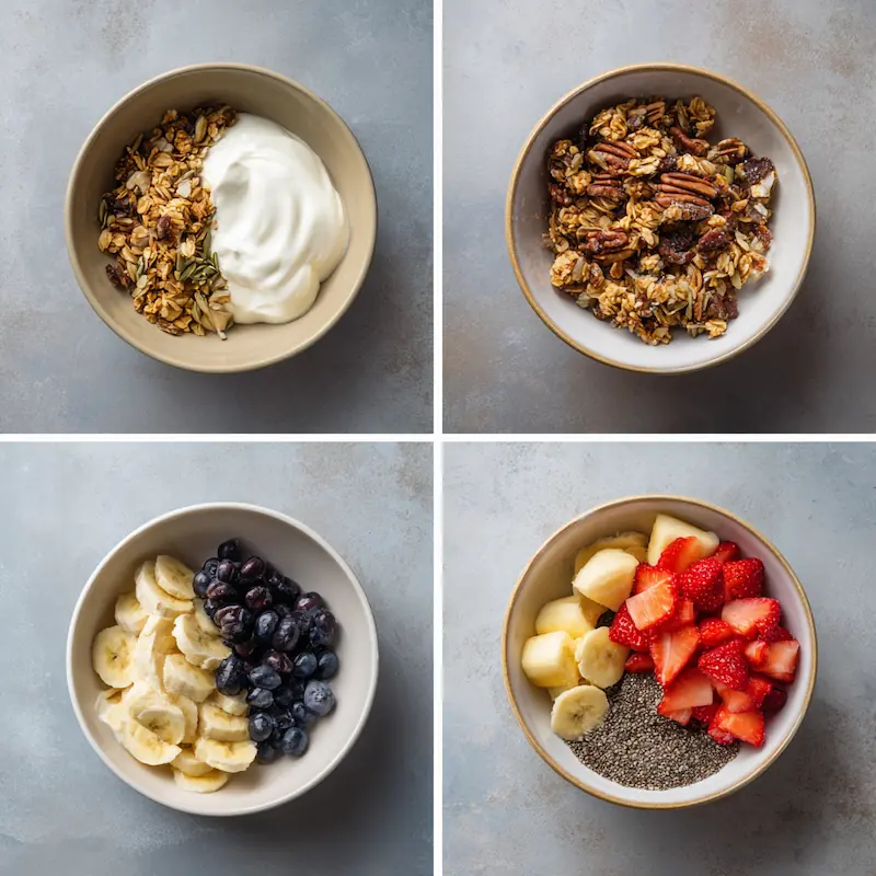 Easy Probiotic Yogurt Bowl Recipe for Students (Cheap, Healthy & Gut-Friendly!) 4 Step-by-step yogurt bowl assembly with granola, fruit, and seeds