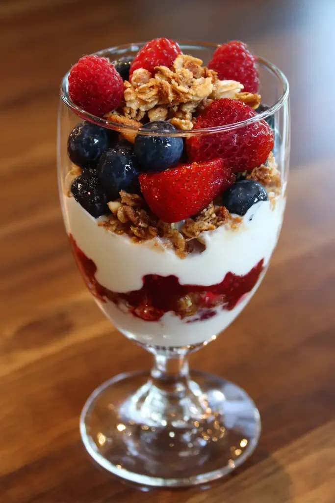 Student-friendly high-protein yogurt parfait with berries and granola.