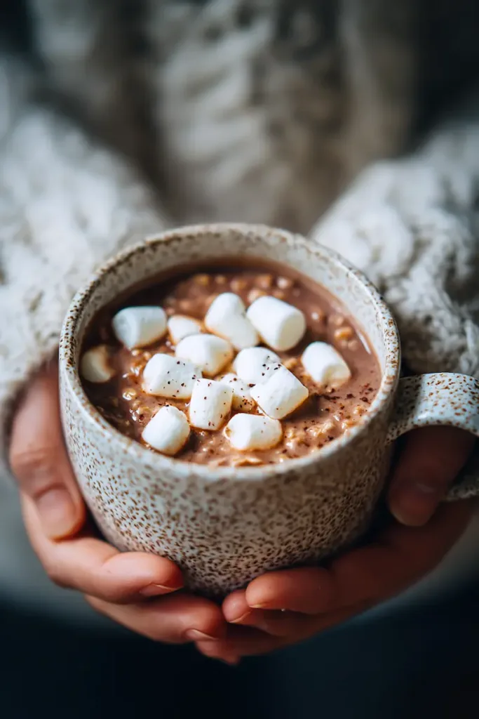 Student holding a mug of hot chocolate overnight oats topped with marshmallows