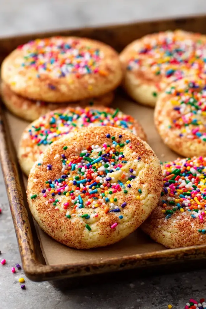 Sugar cookies with colorful sprinkles and cinnamon sugar coating on a tray