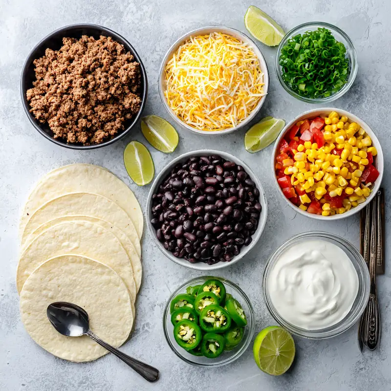 Taco Cupcakes: The Easy, Crunchy, Cheesy Party Bite Everyone Asks For 2 Overhead shot of taco cupcakes ingredients on a light countertop—small flour tortillas, ground beef, taco seasoning, shredded cheese, black beans, corn, diced tomatoes, green onions, jalapeños, and sour cream beside a muffin tin.
