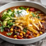 Hearty bowl of taco soup with beef, beans, corn, tomatoes, and toppings in bright natural light