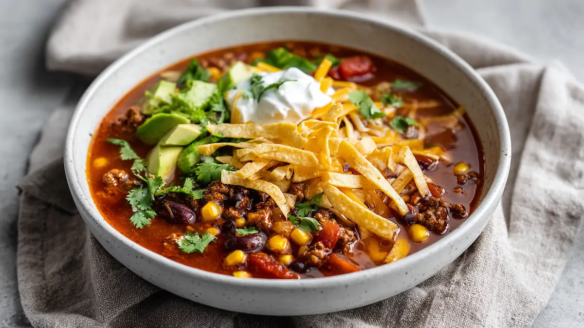 Hearty bowl of taco soup with beef, beans, corn, tomatoes, and toppings in bright natural light
