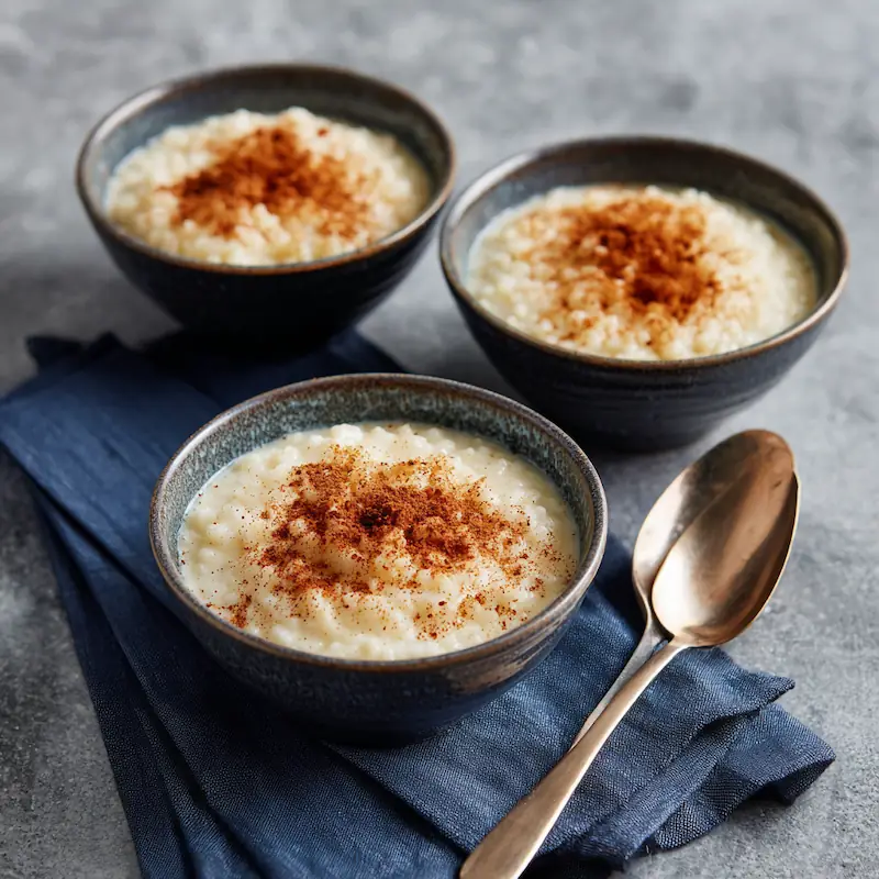 Arroz con Leche Recipe (Mexican Rice Pudding) for Students — Cheap, Cozy & Creamy 2 Three small bowls of arroz con leche with ground cinnamon sprinkled on top, spoon resting on a napkin