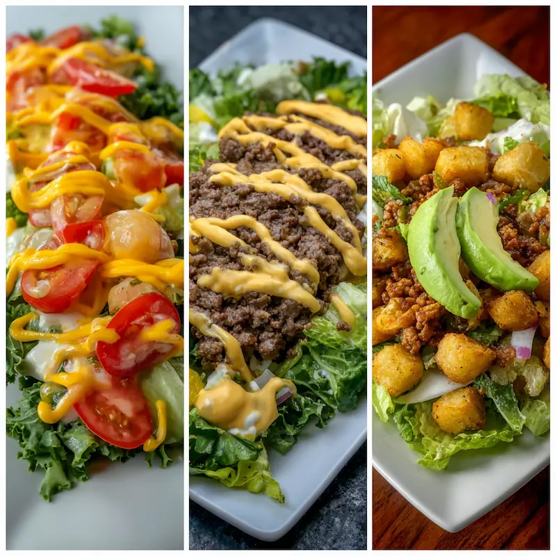 Three variations of Big Mac Salad classic, healthy with yogurt sauce, and low-carb with avocado