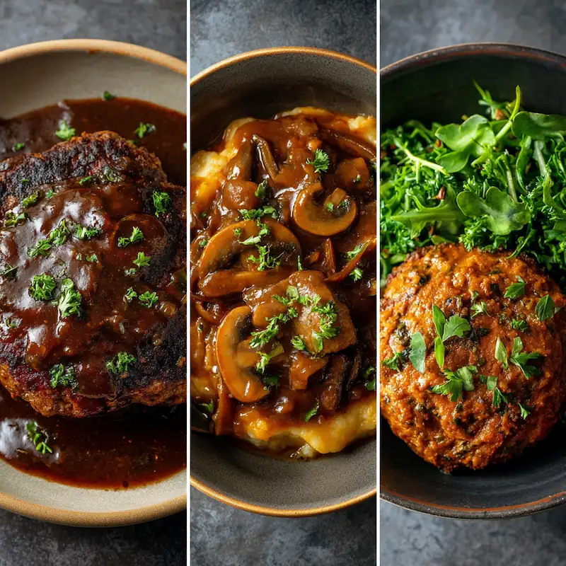 Three variations of Salisbury steak recipe classic beef, turkey version, and a plant-based version in separate bowls.