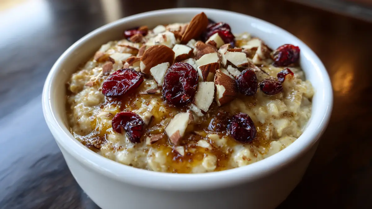 Warm protein oatmeal for weight loss topped with banana and cinnamon, steaming in a white bowl on a dorm desk with soft morning light