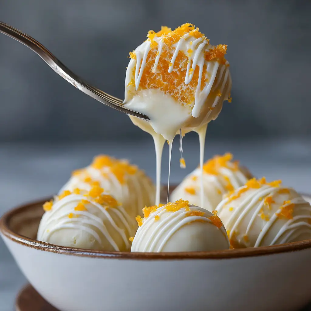 Easy, Family-Friendly No Bake Orange Creamsicle Truffles 3 White chocolate-dipped creamsicle truffle lifted on a fork with excess dripping back into the bowl.