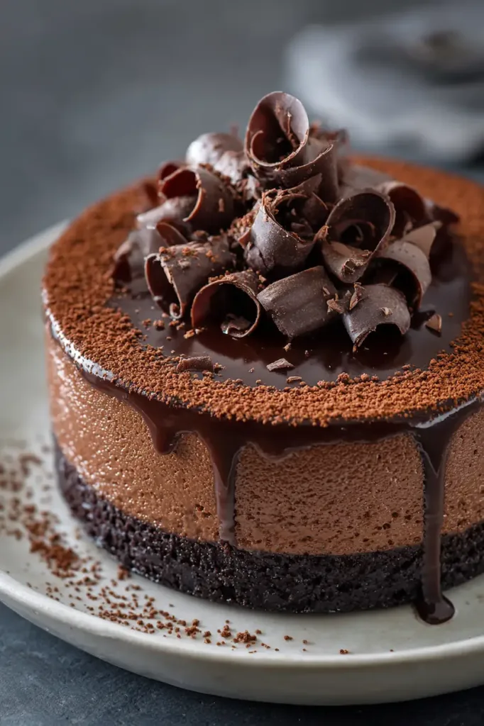 Whole dark chocolate mousse cake with cocoa topping and chocolate curls
