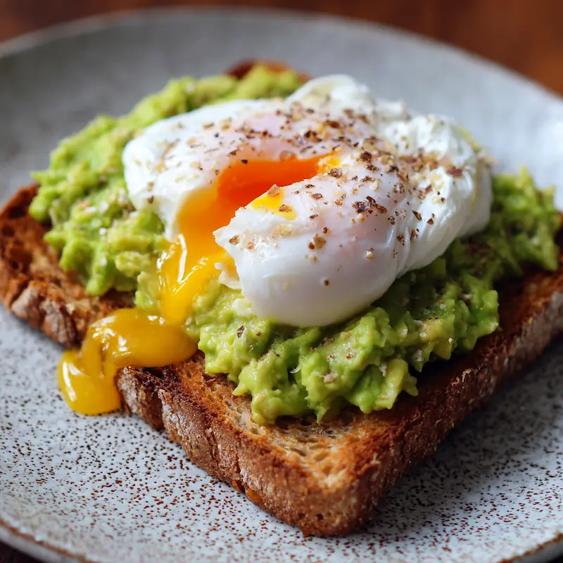 Whole-grain toast topped with mashed avocado and poached egg.