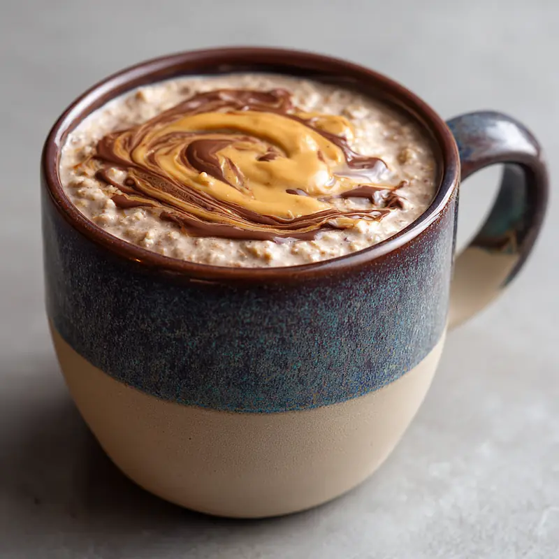 Chocolate protein oatmeal with melted peanut butter swirl in a dorm mug.