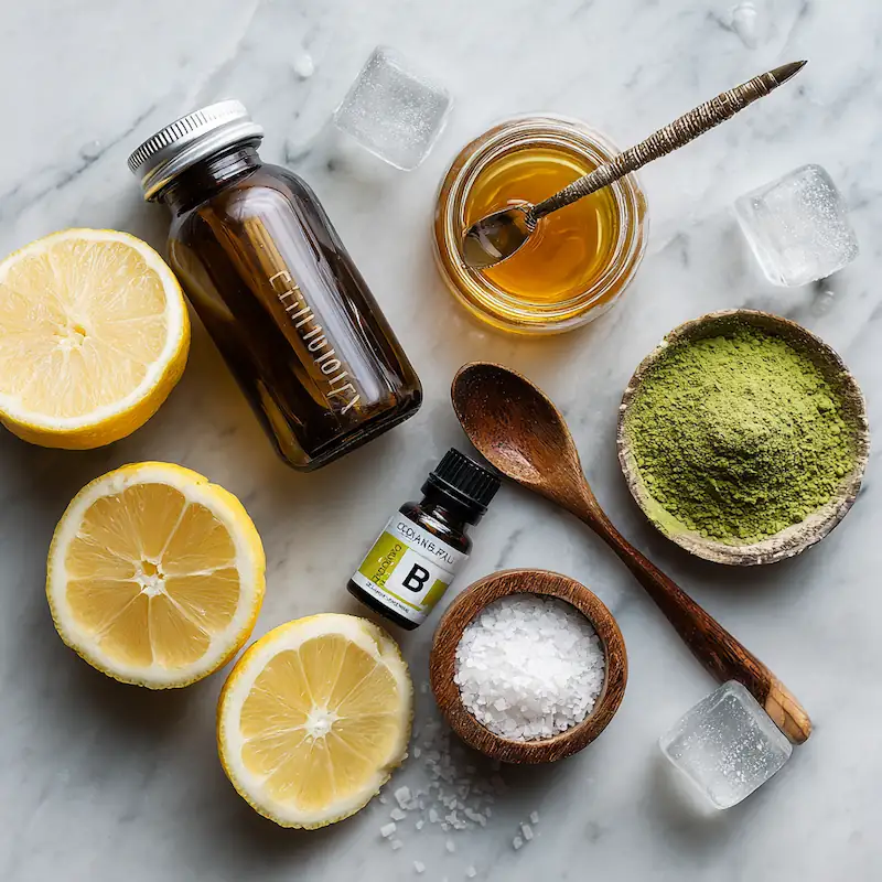 DIY B12 Energy Drink Recipe: Boost Focus & Energy Naturally (Perfect for Students!) 2 Top-down view of ingredients for a B12 energy drink including coconut water, lemon, honey, sea salt, and vitamin B12 drops