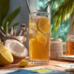 Refreshing homemade B12 energy drink with lemon, honey, and coconut water on a student desk