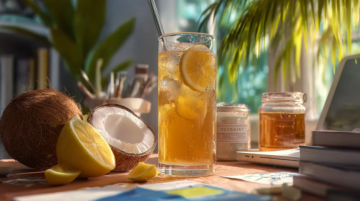 DIY B12 Energy Drink Recipe: Boost Focus & Energy Naturally (Perfect for Students!) 1 Refreshing homemade B12 energy drink with lemon, honey, and coconut water on a student desk