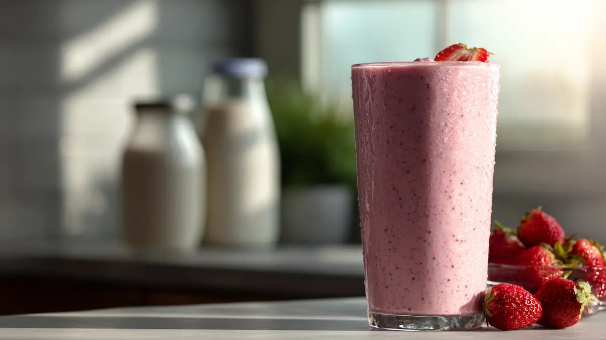 Glass of berry probiotic smoothie made with kefir, topped with chia and fresh strawberries on a bright kitchen counter.