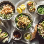 10-Minute Dinner Recipes: Fast, Easy & Budget-Friendly Meals You’ll Crave Overhead spread of fast, budget-friendly 10-minute dinners on a neutral linen.