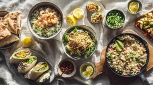 Overhead spread of fast, budget-friendly 10-minute dinners on a neutral linen.