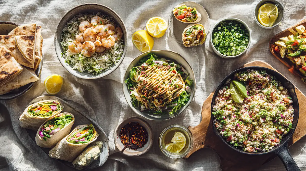 10-Minute Dinner Recipes: Fast, Easy & Budget-Friendly Meals You’ll Crave 1 Overhead spread of fast, budget-friendly 10-minute dinners on a neutral linen.