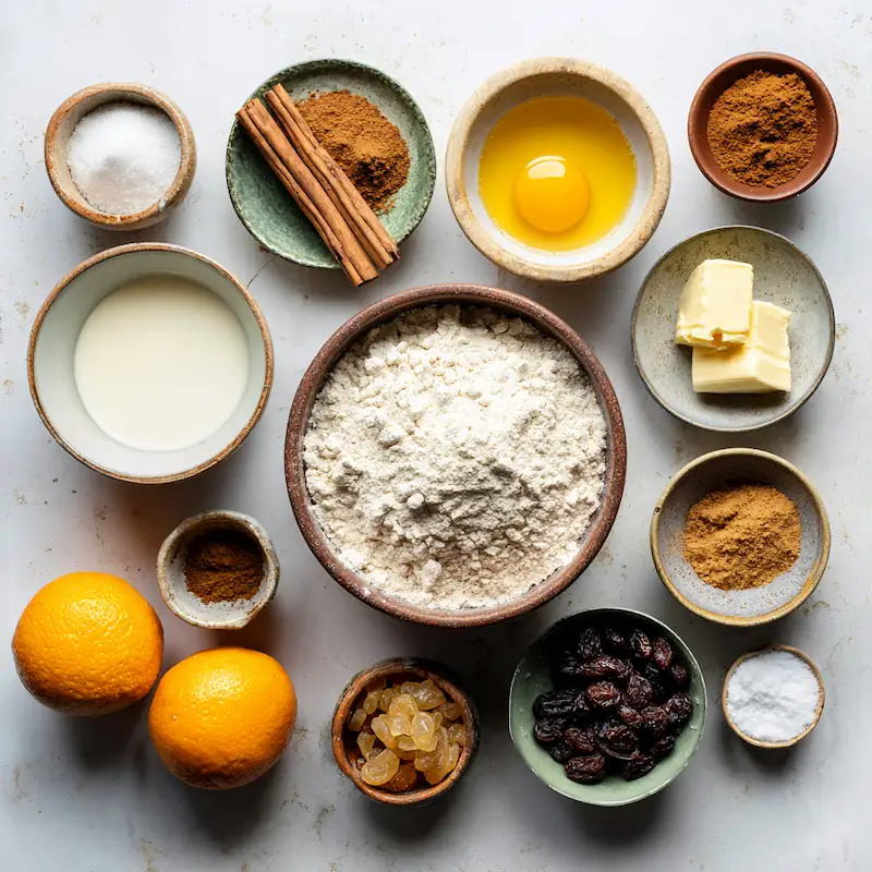 Easy Hot Cross Buns (Soft, Fluffy, No-Fuss Recipe) 2 Bowls with flour, yeast, milk, egg, butter, sugar, salt, spices, orange, and raisins on a bright countertop