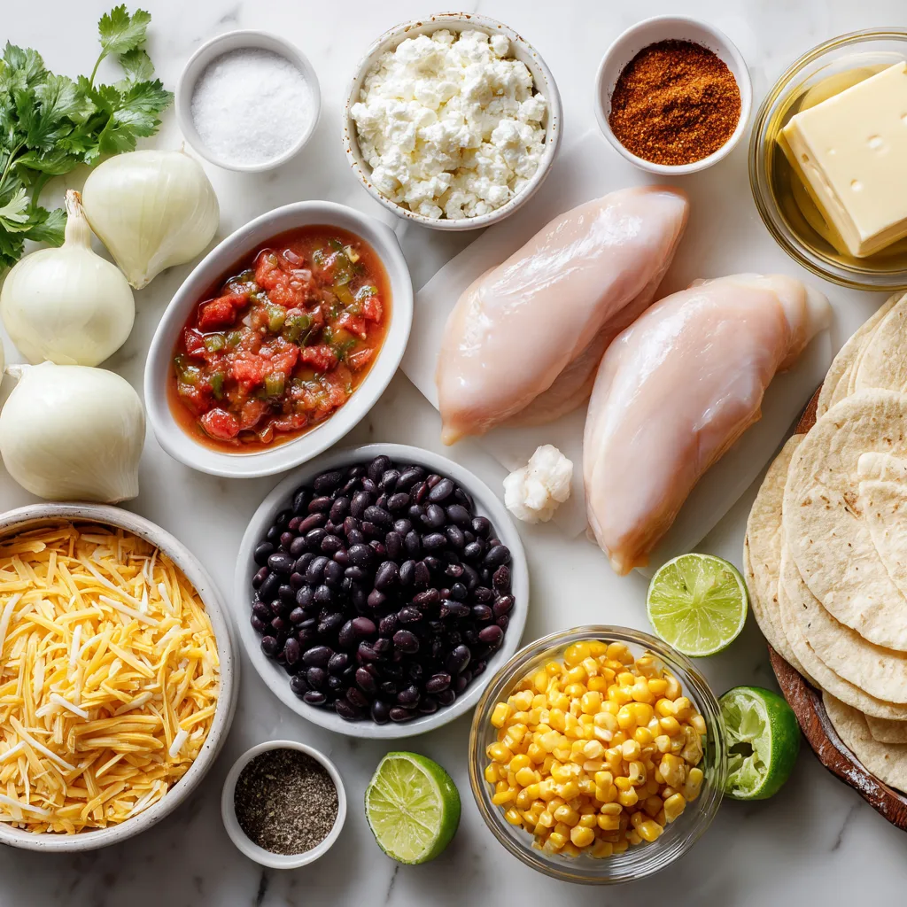 latlay of chicken, onions, garlic, tomatoes with green chiles, black beans, corn, spices, cream cheese, cheddar, tortillas, lime, and cilantro.