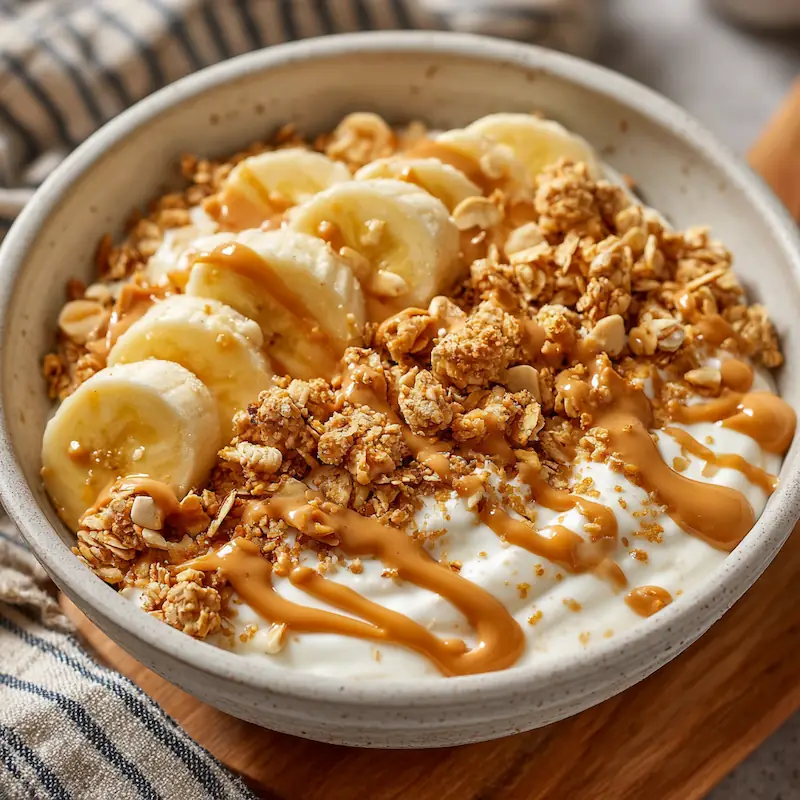 peanut butter crunch high-protein cottage cheese breakfast bowl with banana slices and granola