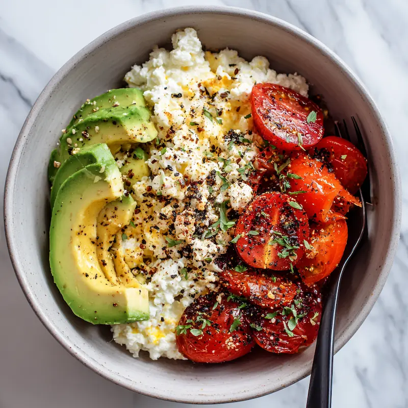 savory high-protein cottage cheese breakfast bowl with avocado, tomatoes, and everything seasoning