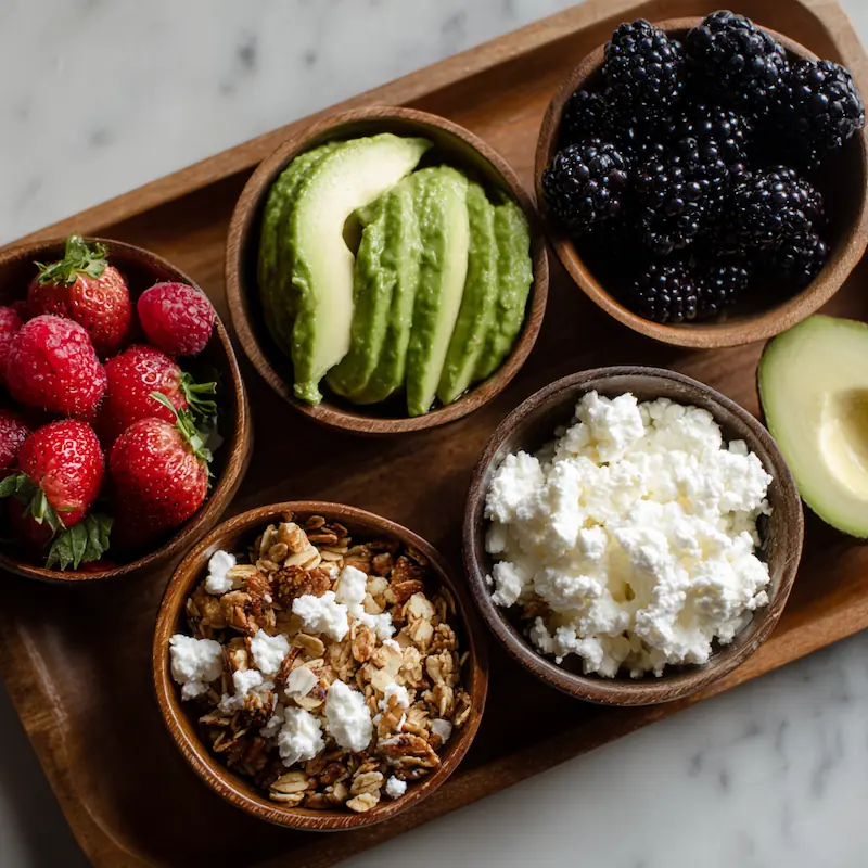 small bowls of berries, avocado, granola, and cottage cheese on a tray