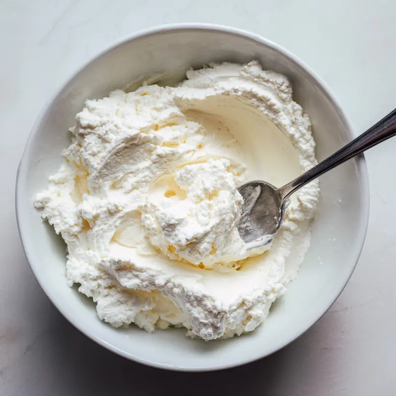 spoon whipping cottage cheese to a creamy texture in a white bowl