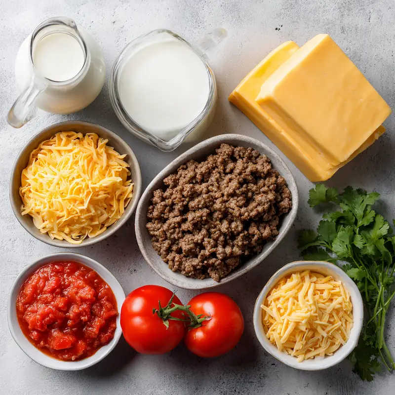 🧀 Cheap & Cheesy Slow Cooker Queso Dip Recipe for Students (5-Ingredient Game Night Snack) 2 Ingredients for slow cooker queso dip on a counter: ground beef, Velveeta cheese, Rotel tomatoes, and milk.