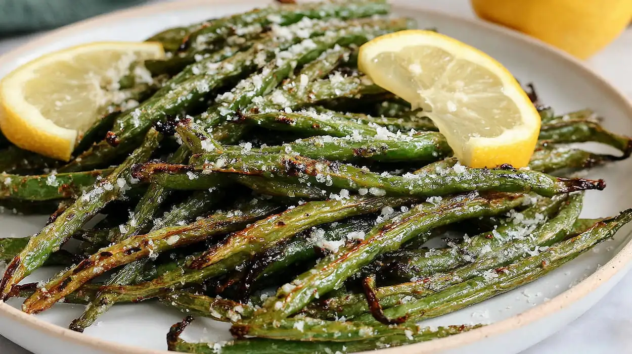 Air fryer green beans with garlic and Parmesan, crispy and golden, served on a plate
