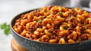 Authentic American goulash with macaroni, ground beef, and rich tomato sauce served in a rustic bowl