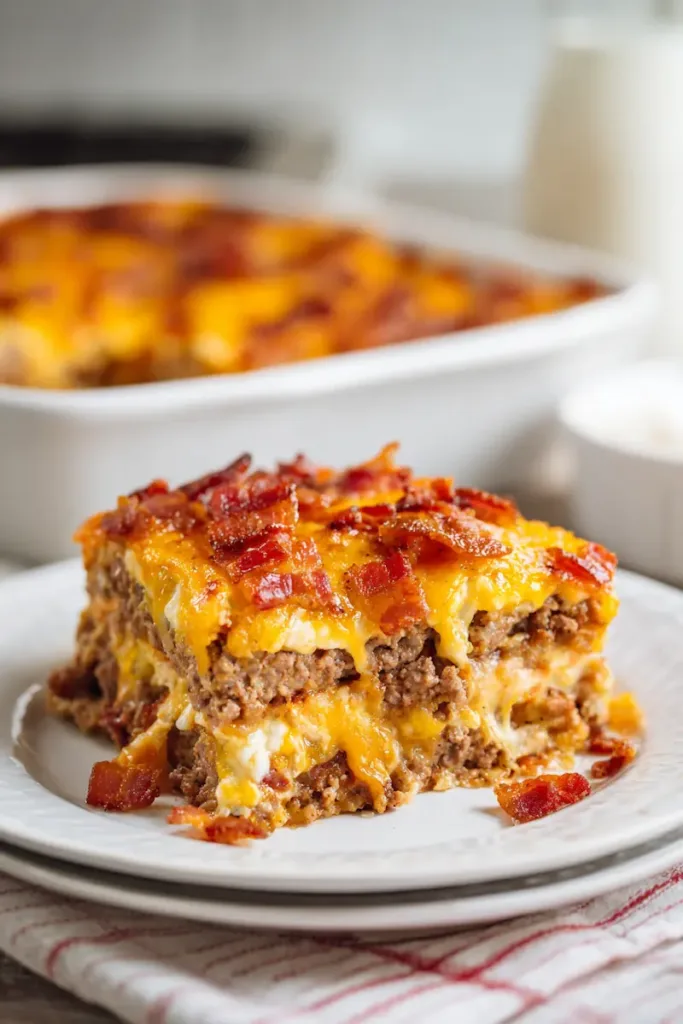 Low carb bacon cheeseburger casserole baked with ground beef, melted cheddar cheese, and crispy bacon in a casserole dish