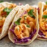 Bang bang shrimp tacos with crispy shrimp, creamy sweet-spicy sauce, and fresh cabbage slaw on soft tortillas
