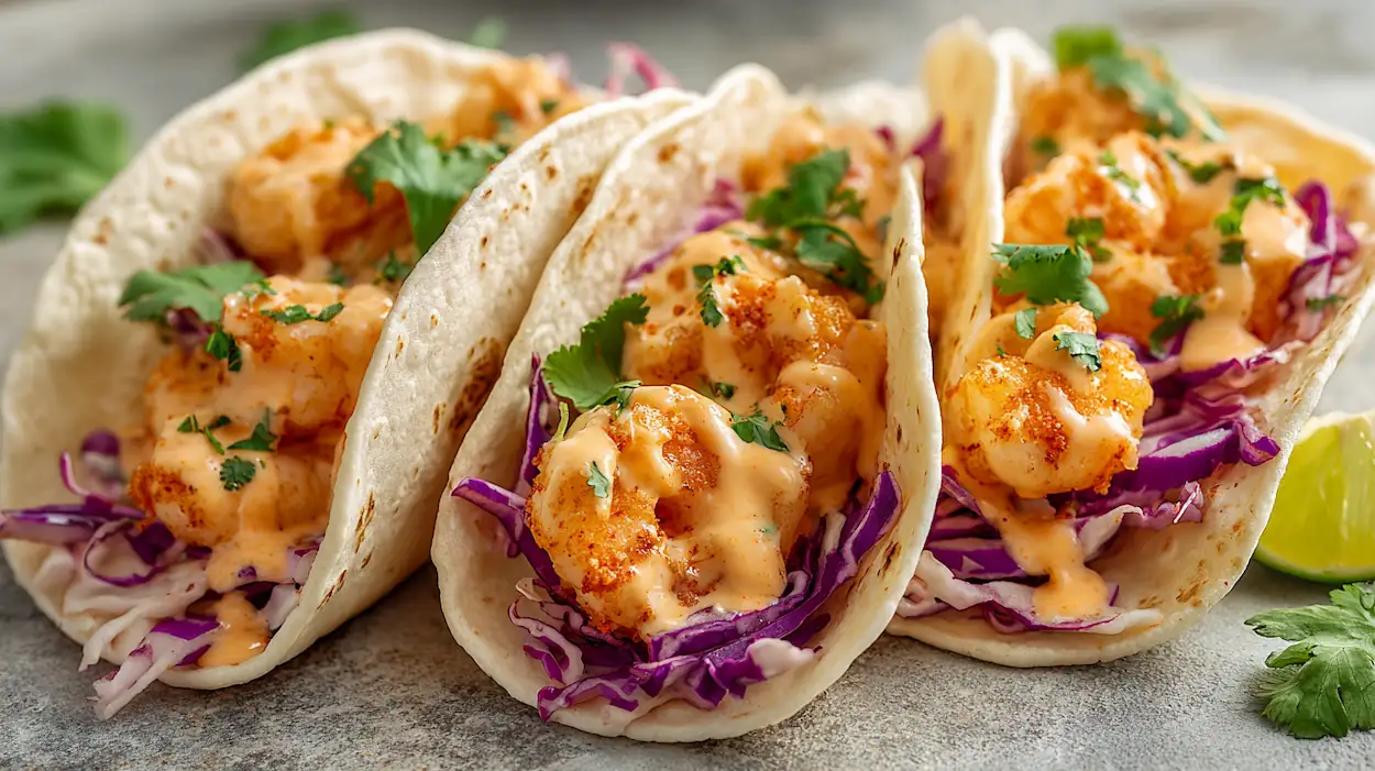Bang bang shrimp tacos with crispy shrimp, creamy sweet-spicy sauce, and fresh cabbage slaw on soft tortillas