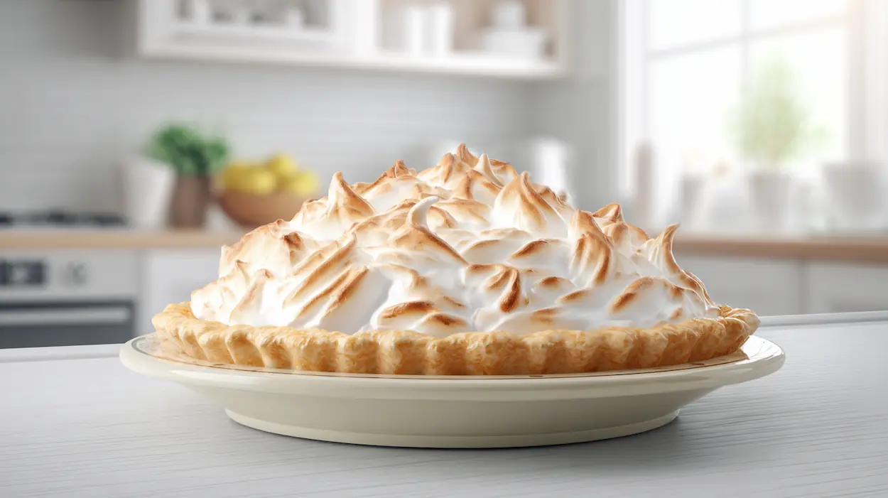 Classic lemon meringue pie with a golden toasted meringue topping on a ceramic plate, bright natural light