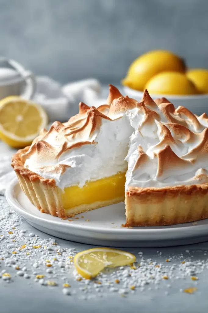 Slice of lemon meringue pie showing creamy lemon filling and fluffy meringue topping, homemade classic dessert