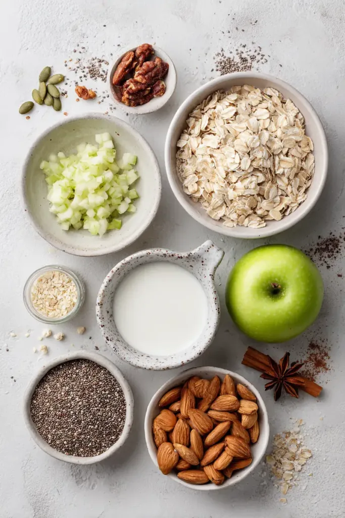 Minimal flat lay of Bircher muesli ingredients on a light natural background: rolled oats, grated green apple, Greek yogurt, almond milk, chia seeds, hemp seeds, sliced almonds, cinnamon, fresh berries. Clean composition, soft daylight, neutral tones, healthy meal prep aesthetic, realistic food photography.