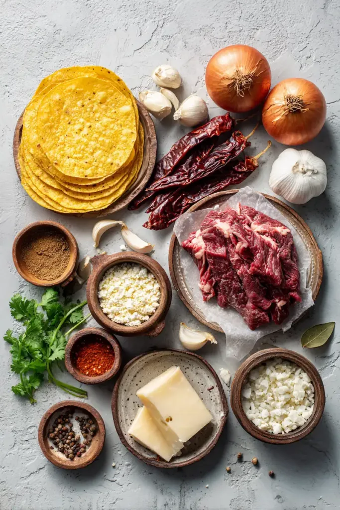 Ingredients for homemade birria tacos including beef, dried chilies, tortillas, cheese, and fresh herbs