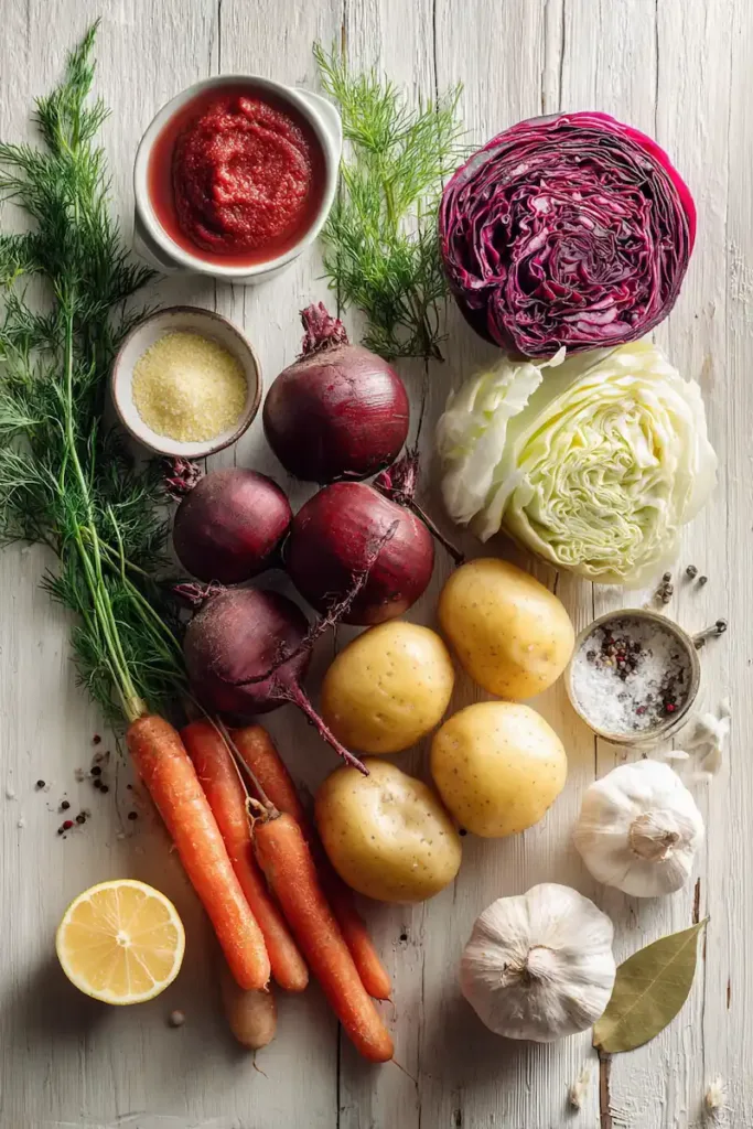Borscht Soup: The Best Classic Ukrainian Beet Soup Recipe 3 Borscht soup ingredients including beets, cabbage, potatoes, carrots, garlic, and fresh dill