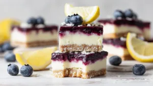 Keto blueberry lemon cheesecake bars stacked on a plate with almond flour crust, lemon cheesecake filling, blueberry layer, and coconut crumble topping.