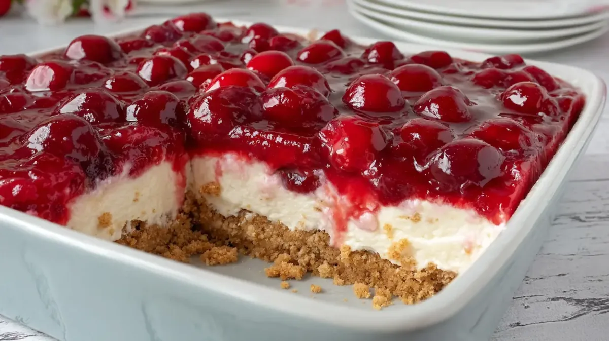 Cherry Delight Dessert — The Creamy, No-Bake Classic Everyone Loves 1 A creamy no-bake cherry delight dessert in a glass dish, showing layers of golden graham cracker crust, fluffy cheesecake filling, and glossy cherry topping under bright natural light.