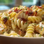 Creamy chicken bacon ranch pasta served in a white bowl with crispy bacon and tender chicken