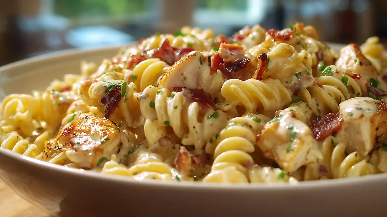 Creamy chicken bacon ranch pasta served in a white bowl with crispy bacon and tender chicken