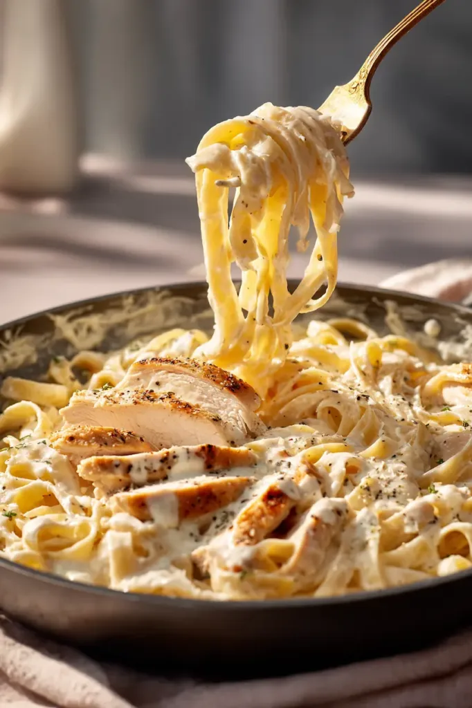 Chicken Fettuccine Alfredo (Better Than a Restaurant) 2 Creamy chicken fettuccine alfredo with parmesan garlic sauce and sliced chicken breast in a skillet