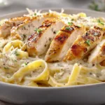 Creamy chicken fettuccine alfredo served in a white bowl, topped with parmesan, black pepper, and fresh parsley.