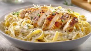 Creamy chicken fettuccine alfredo served in a white bowl, topped with parmesan, black pepper, and fresh parsley.