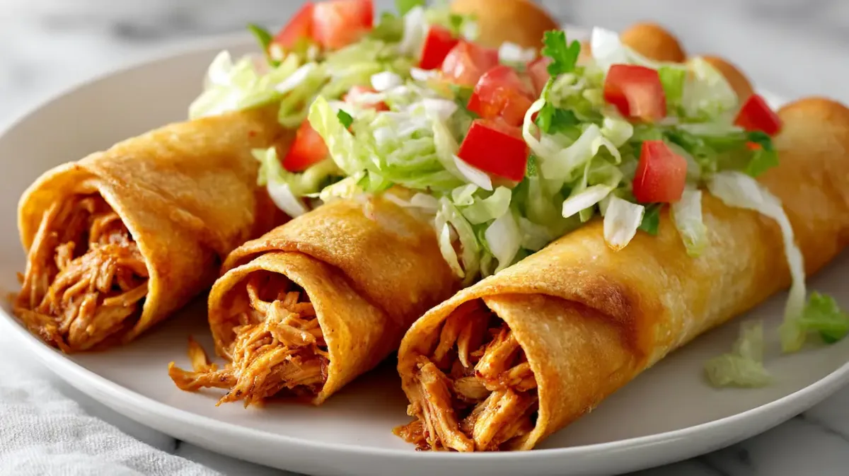 Chicken Flautas (Easy, Crunchy & Homemade) 1 Crispy homemade chicken flautas served with guacamole and sour cream on a plate