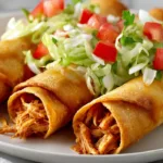 Crispy homemade chicken flautas served with guacamole and sour cream on a plate